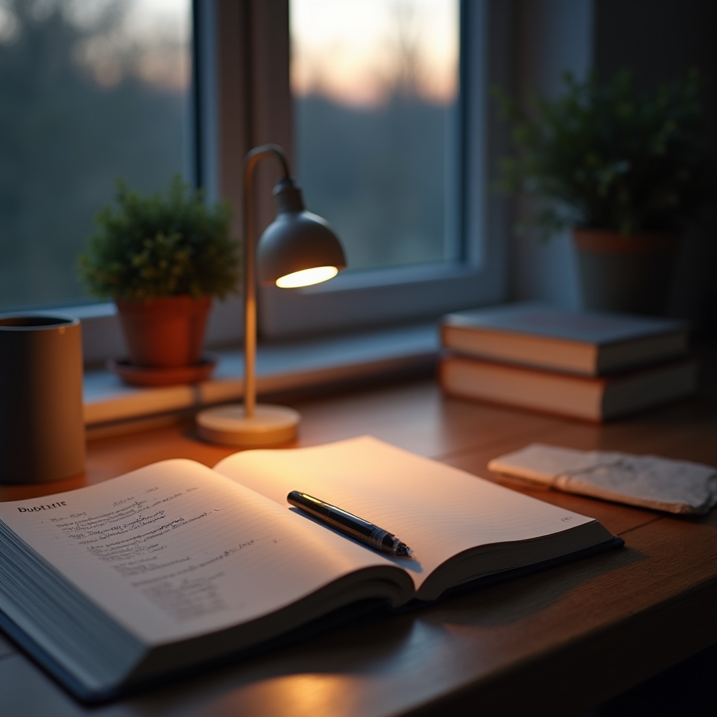 Escritorio con libreta de notas de presupuesto y una taza junto a una ventana