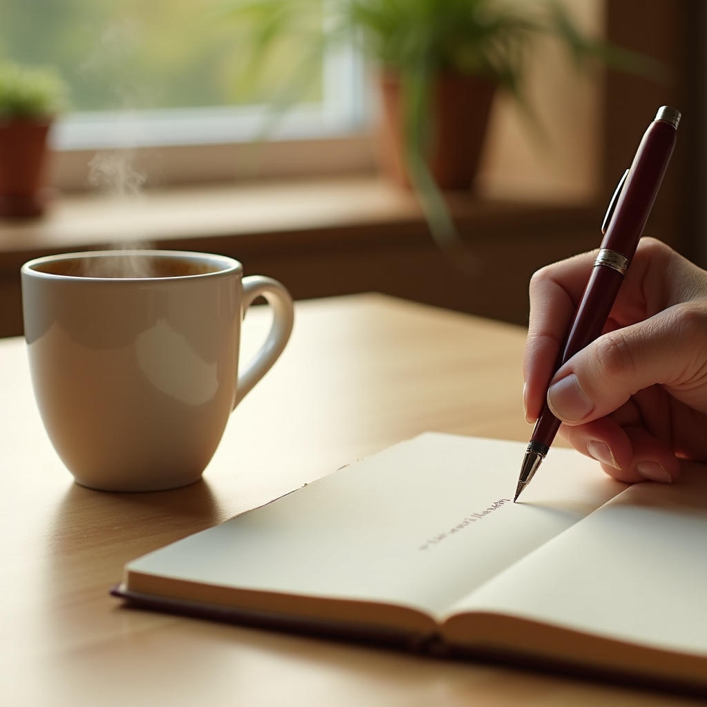 Mano escribiendo una única pregunta en una libreta pequeña junto a una taza de café en domingo por la mañana