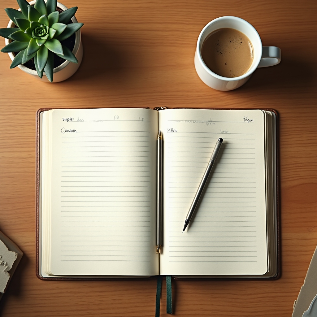 Cuaderno de notas abierto sobre una mesa de madera con anotaciones de presupuesto y una taza de café al lado