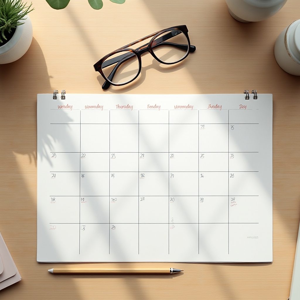 Calendario de tres meses sobre un escritorio con anotaciones sencillas y un lápiz apoyado encima