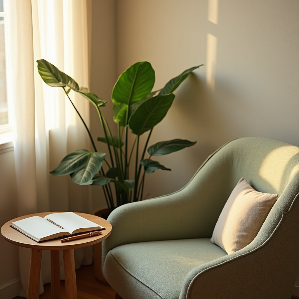 Rincón tranquilo de una casa con una libreta de presupuesto, una planta y luz natural entrando por la ventana