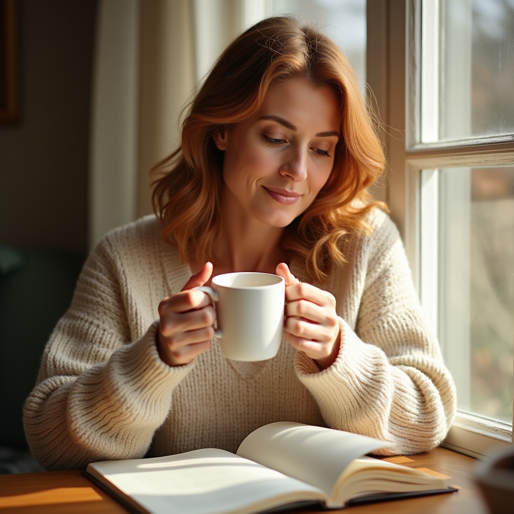 Persona revisando notas de presupuesto en una libreta con una taza de café al lado, ambiente tranquilo de domingo